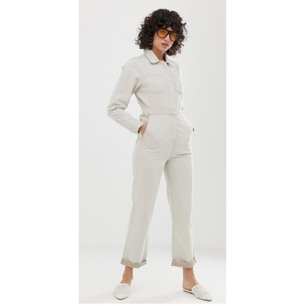 ASOS DESIGN premium denim utility boilersuit in bone white